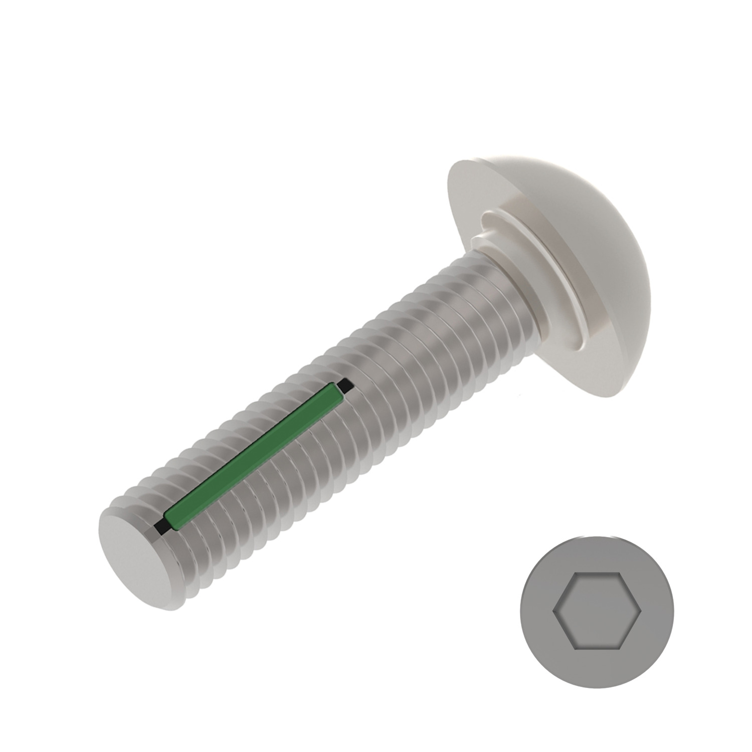 Self-Locking Button Head Screws Standard green locking patch. Breakaway torque values are complex and can be calculated on request.