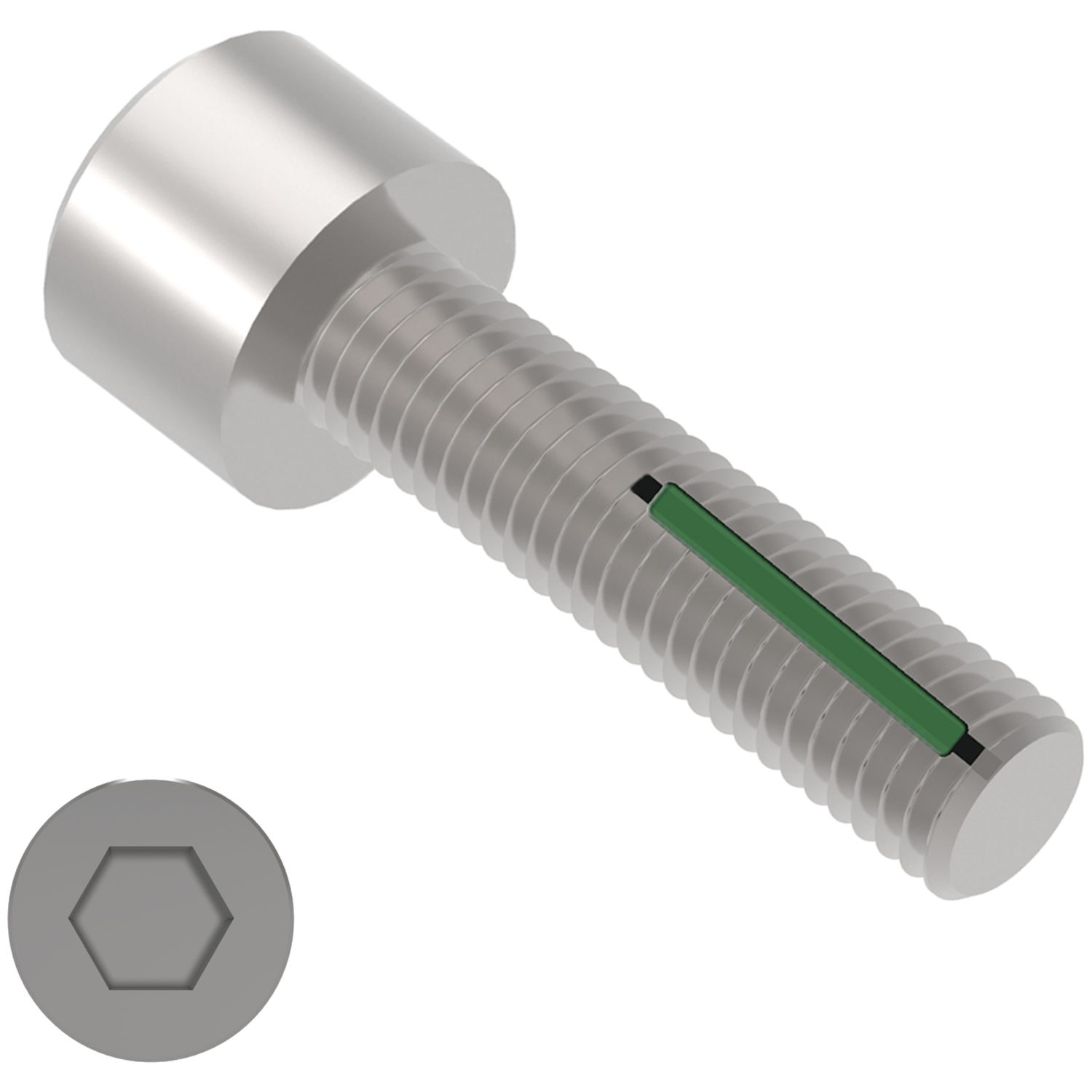 Self-Locking Cap Screws Vibration proof. Standard green locking patch. Breakaway torque values are complex and can be calculated on request.