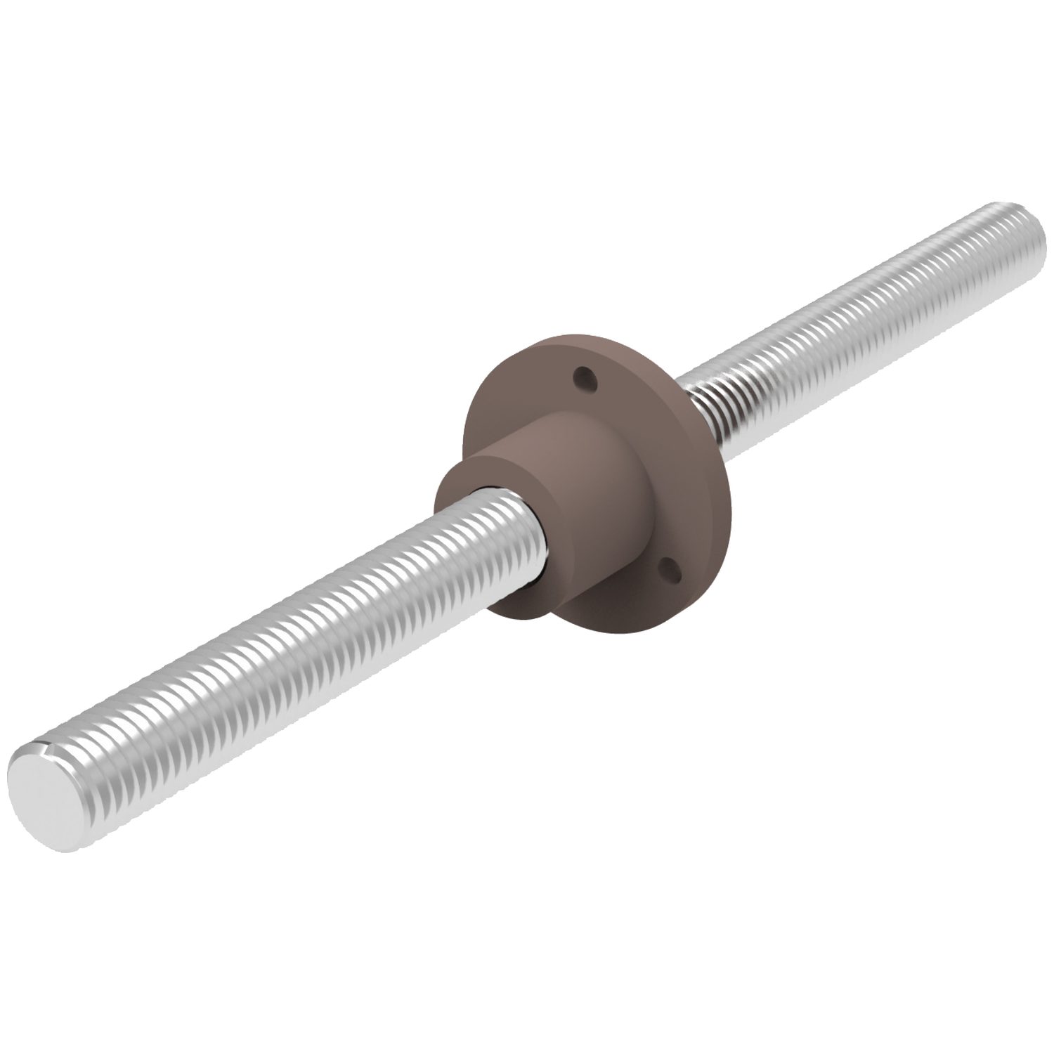 Round Nut Lead Screws Anodized aluminium or 416 stainless steel screw with round acetal resin nut. It is suited to dry atmospheres, fresh water and mild alkalis and acids. Nut fitted to screw to ensure anti-backlash.