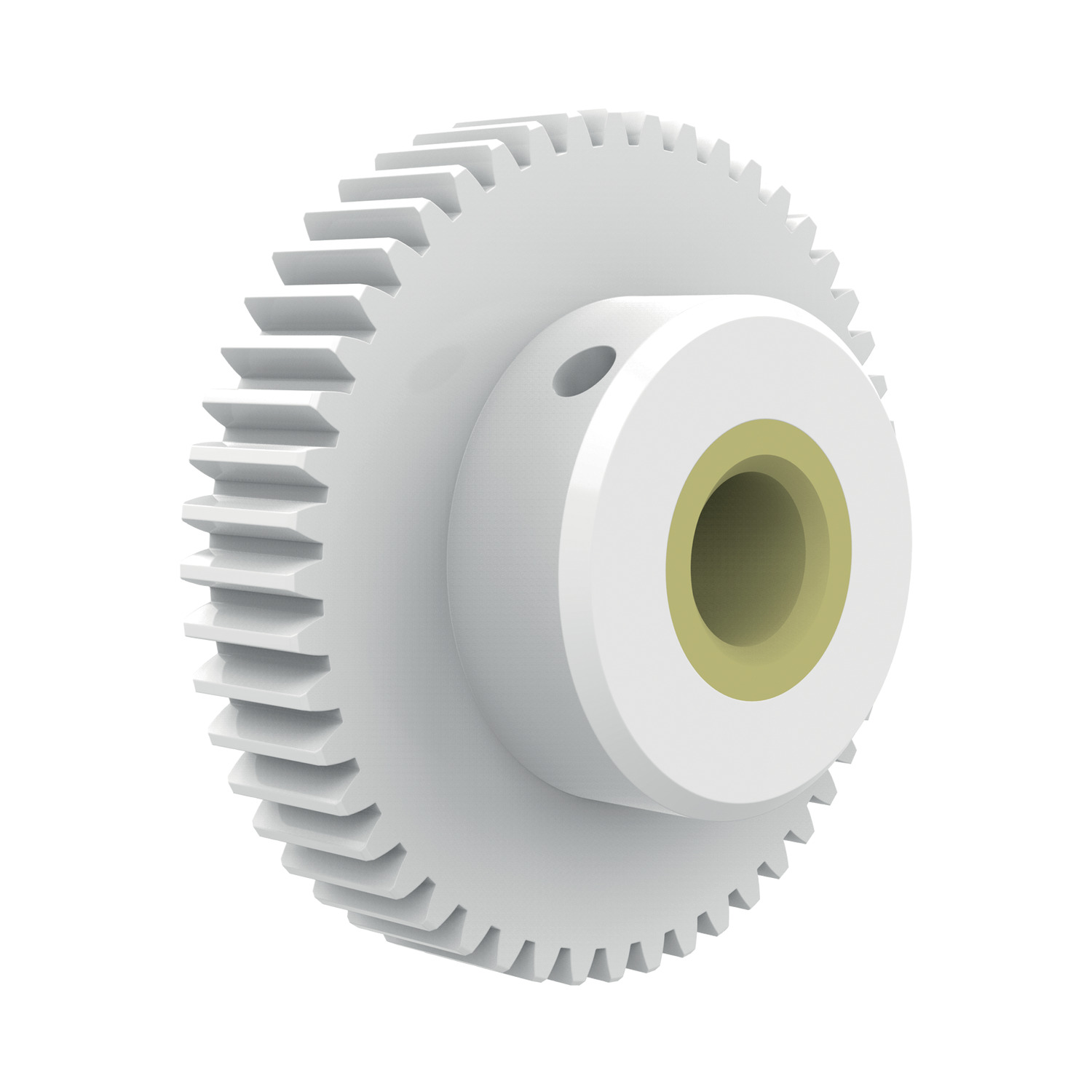 Spur Gears - Module 1 - Plastic White plastic machined Spur Gear with brass bushing - for applications that require tight bore tolerances. With thread for set screw.