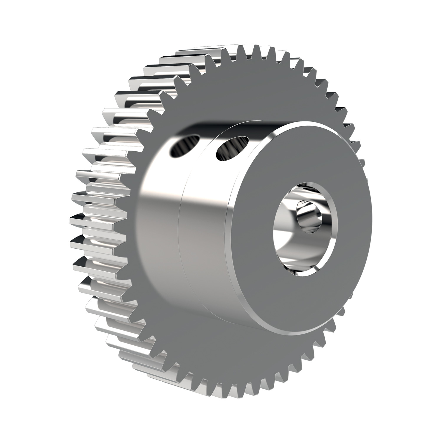 Spur Gears - Module 1 This is a typical module 1 Spur Gear. This product comes with 14-120 teeth and the CAD model shows an example with two threads for set screws.